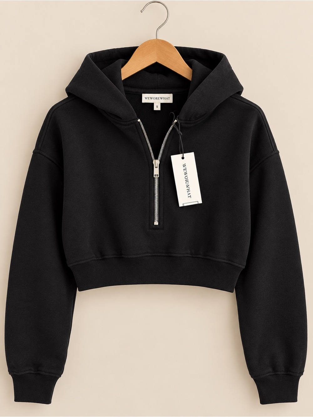 WeWoreWhat Black Cropped Half Zip Hoodie Sweatshirt S NWT